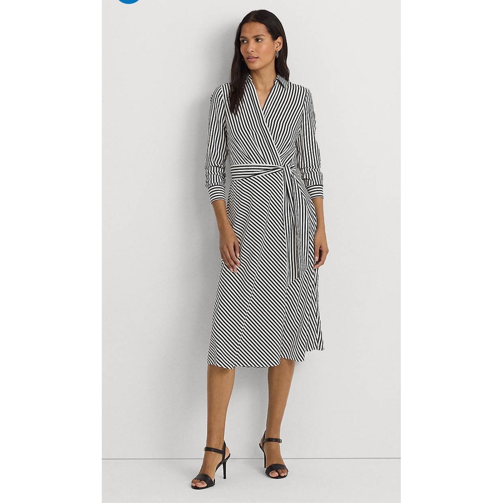 Lauren Ralph Lauren Black White Striped Long Sleeve Wrap Midi Dress Collared